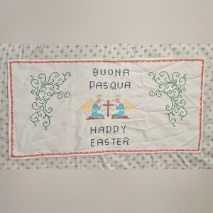 Vintage Hand-Embroidered “Buona Pasqua / Happy Easter” Linen